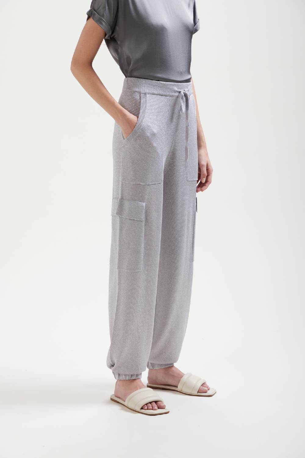 Kangra Cashmere Pantalone Cargo In Lurex Con Tasche Spedizione Gratuita