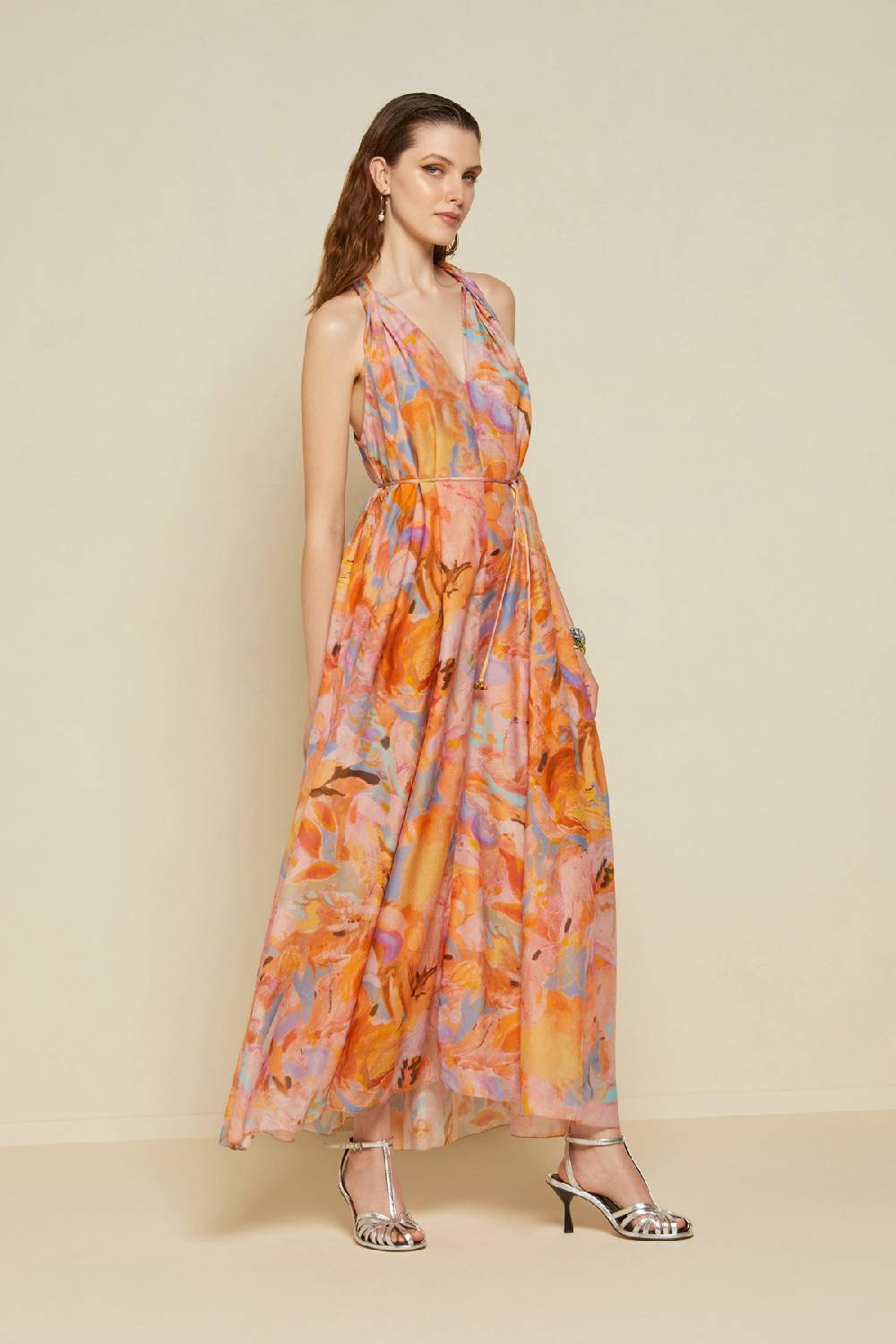 ottod'Ame Silk blend long dress with foulard neckline Consegna Veloce