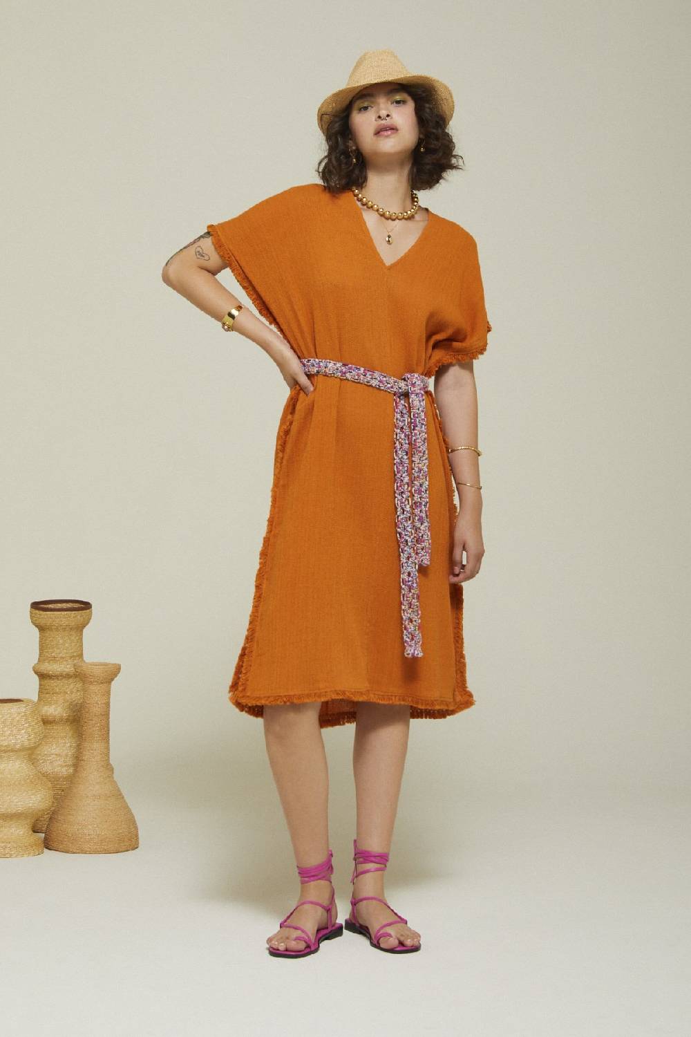 ottod'Ame Cotton midi dress with raw cut hemline Qualità