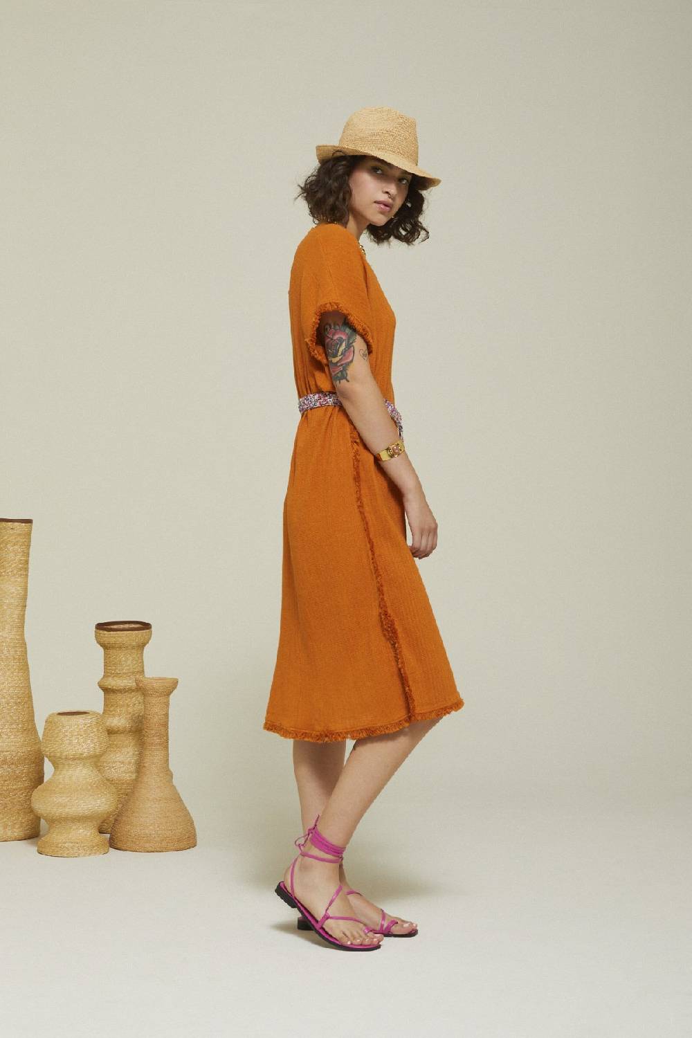 ottod'Ame Cotton midi dress with raw cut hemline Qualità