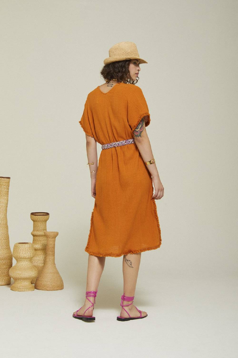 ottod'Ame Cotton midi dress with raw cut hemline Qualità