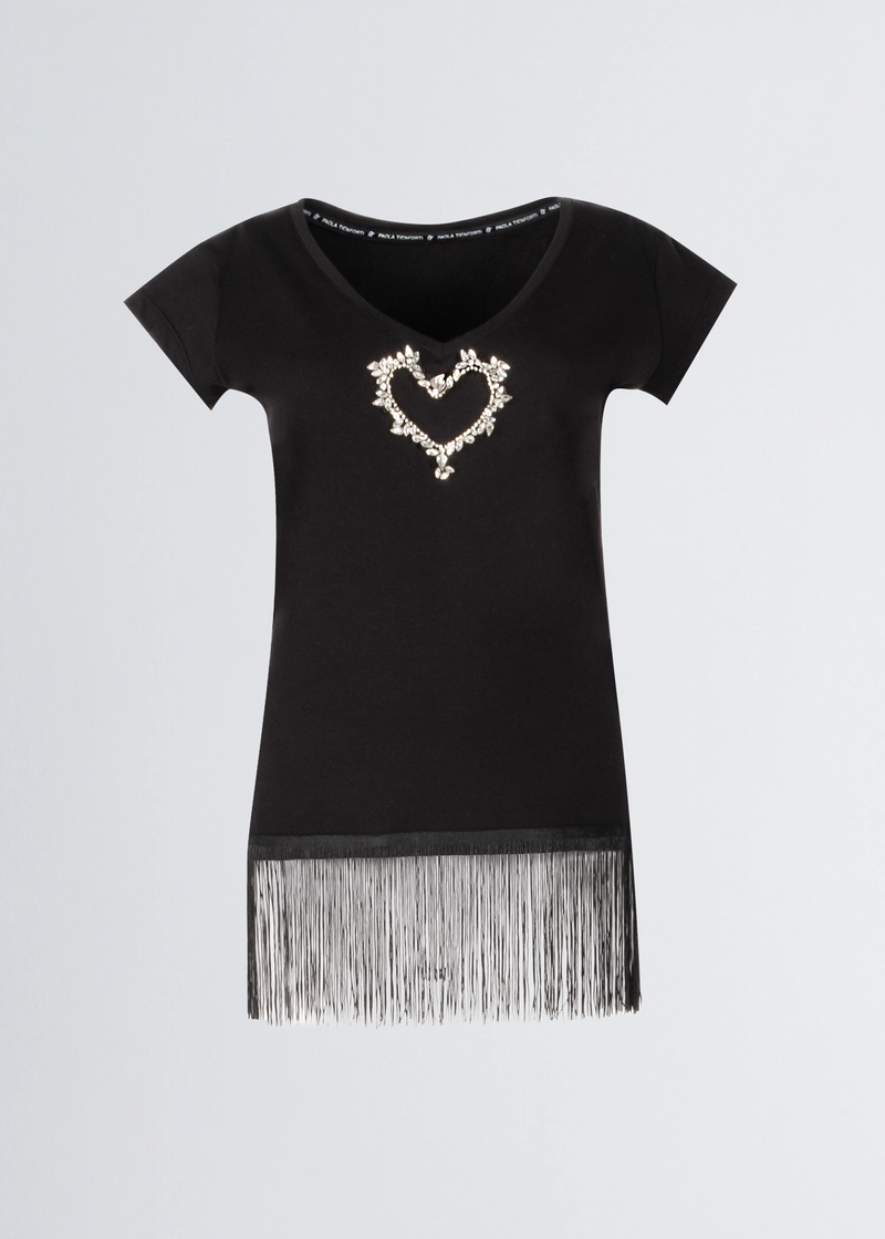 Paola T. T-shirt in cotone stretch con frange Nuova