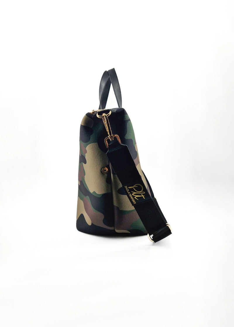 Paola T. Bauletto medium in neoprene camouflage con dettagli oro Saldi Di Fabbrica