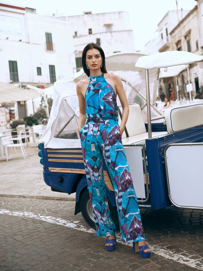 Paola T. Pantalone palazzo in viscosa stampa palm Presa