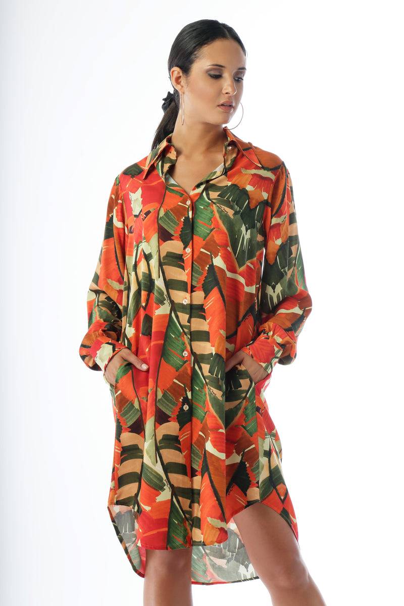 Paola T. Abito in viscosa stampa Palm Saldi Di Fabbrica
