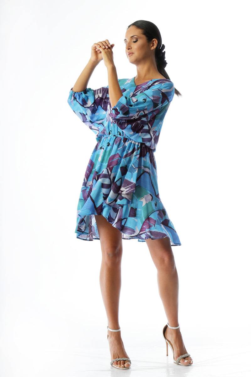 Paola T. Abito in viscosa Palm Blue Italy