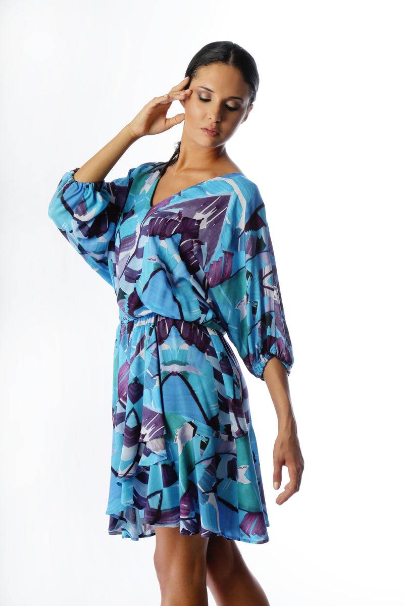 Paola T. Abito in viscosa Palm Blue Italy