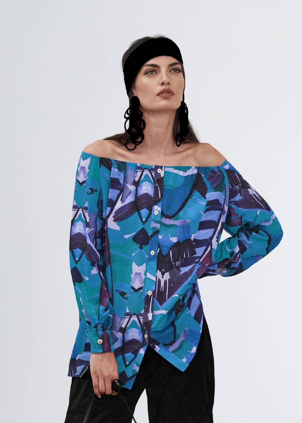 Paola T. Camicia in viscosa stampa Palm Blue In Linea