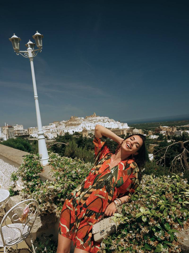 Paola T. Abito in viscosa stampa palm Spedizione Gratuita