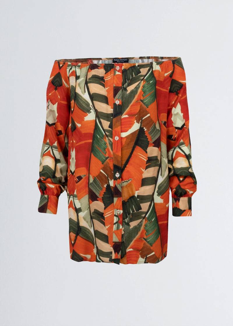 Paola T. Camicia in viscosa stampa Palm Orange Soddisfazione Garantita