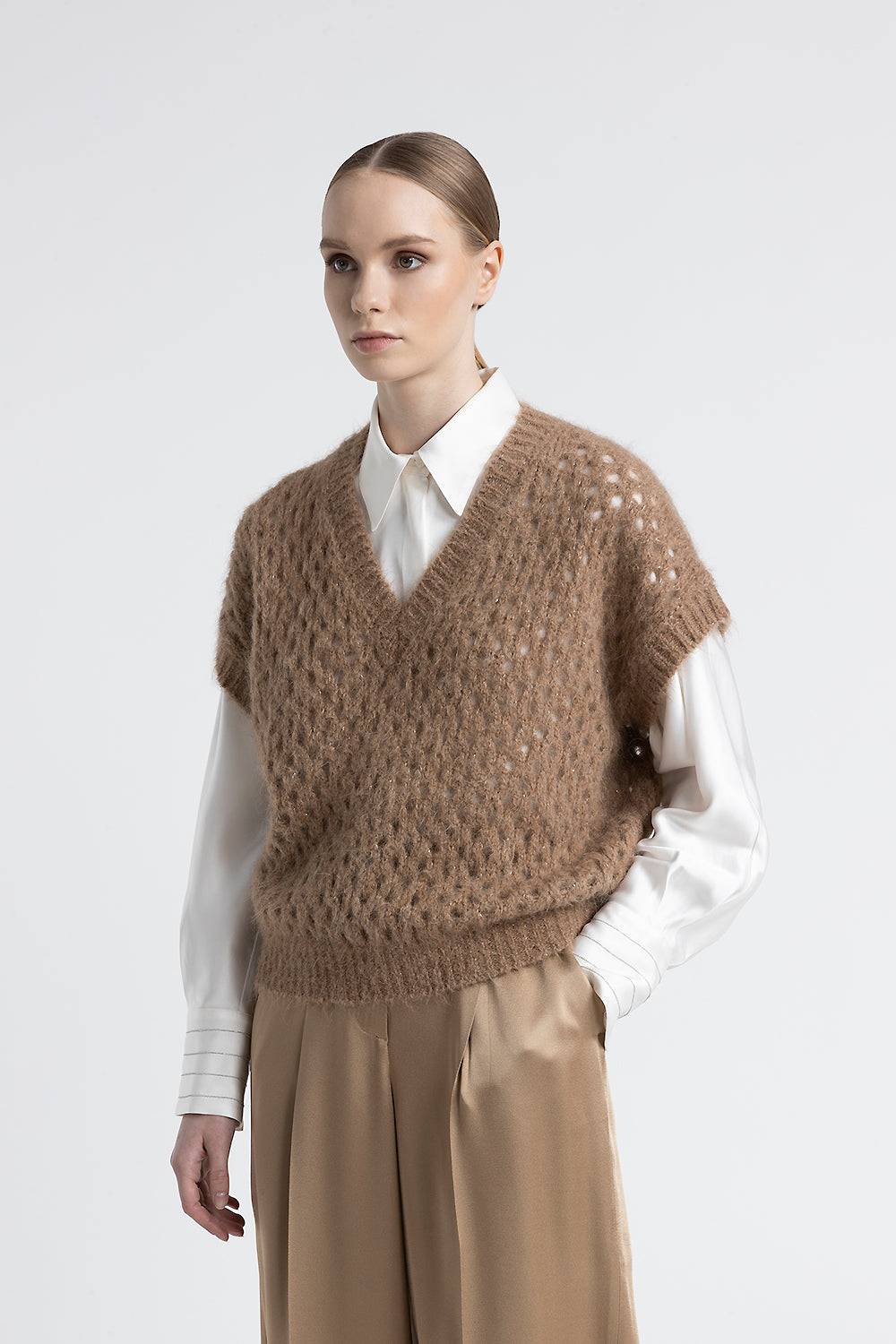 Peserico Gilet scollo a V in alpaca, mohair e lurex Vendita Calda