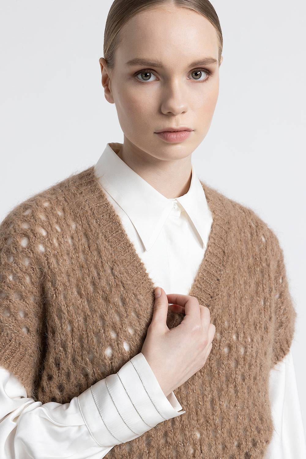 Peserico Gilet scollo a V in alpaca, mohair e lurex Vendita Calda