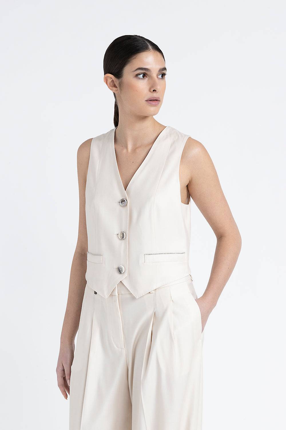 Peserico Gilet monopetto tre bottoni in twill di lana viscosa Saldi Di Fabbrica
