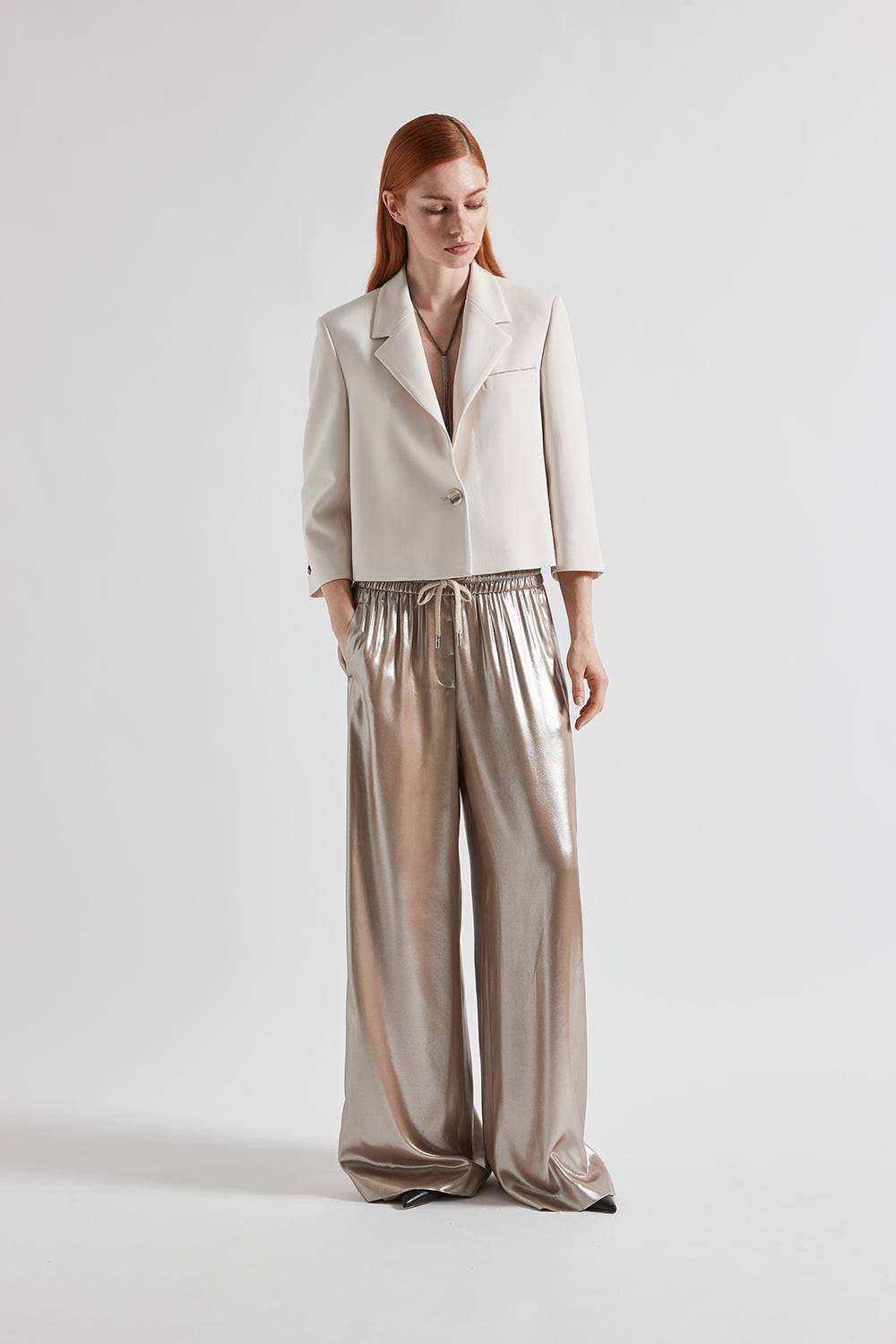 Peserico Pantalone in fluido twill laminato argento Smaltimento dello stoccaggio