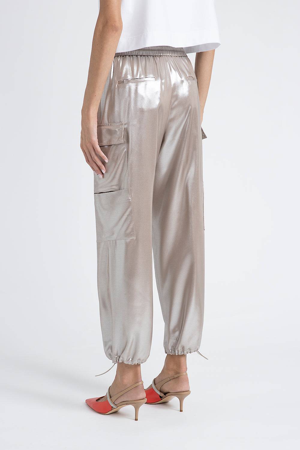 Peserico Pantalone baggy in fluido twill di viscosa laminato argento Affare Del Giorno