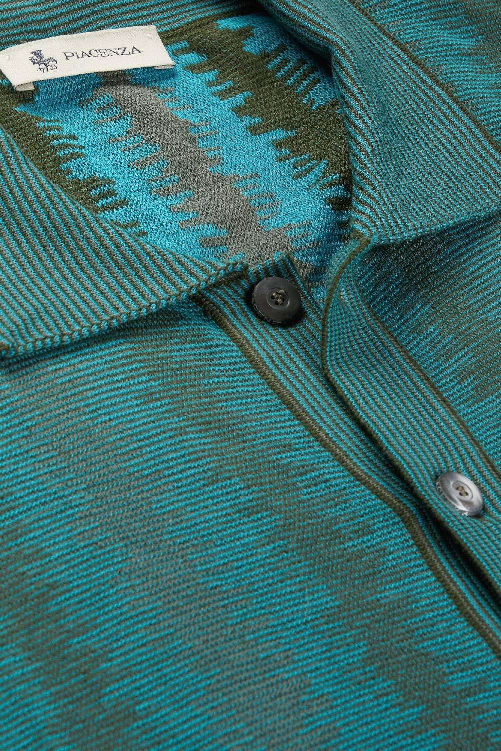 Piacenza 1733 Camicia maniche corte ikat vertical stripe verde e azzurro Vendita Calda