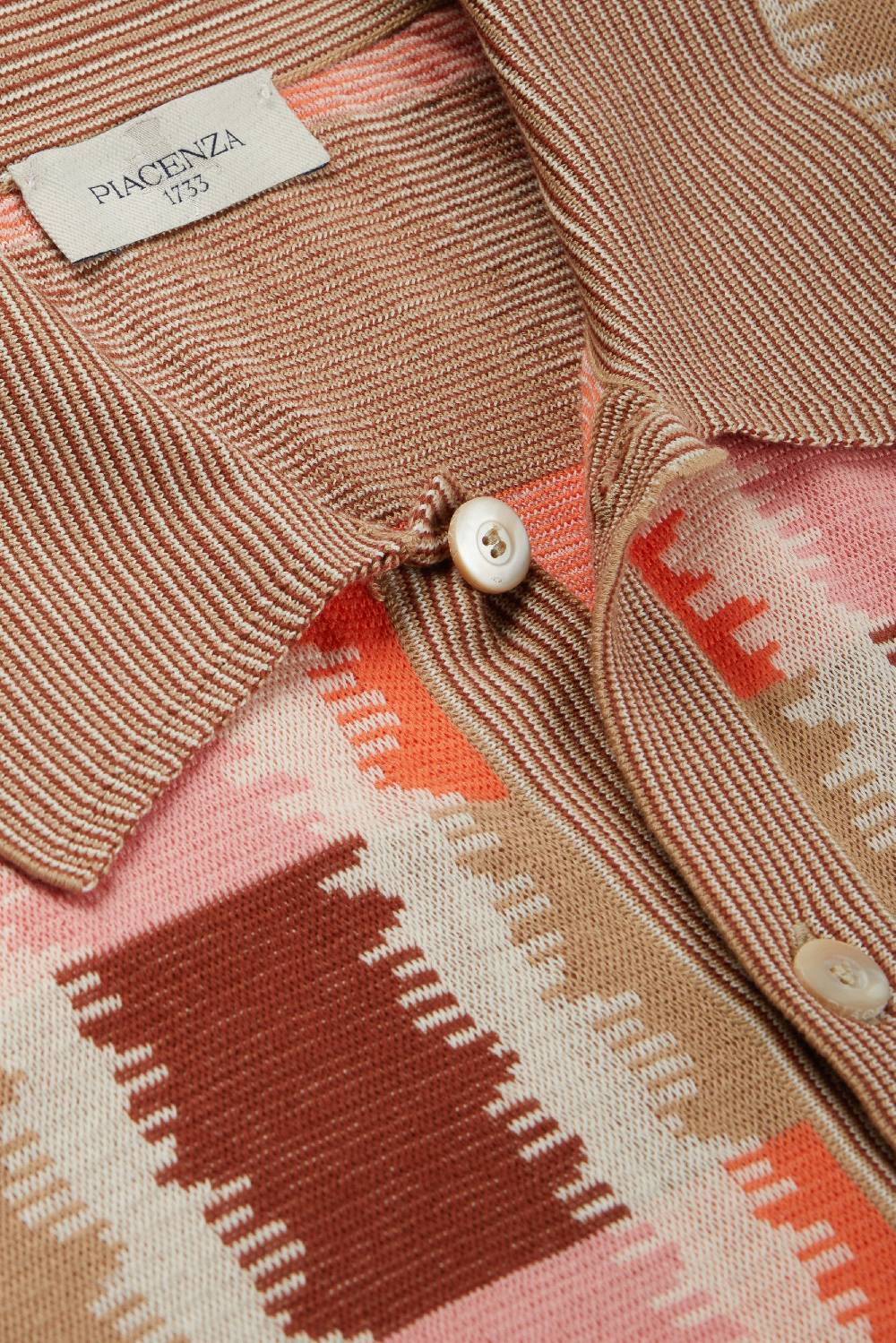Piacenza 1733 Camicia maniche corte fil a fil ikat plaid jacquard rosa, naturale e bruciato Italy