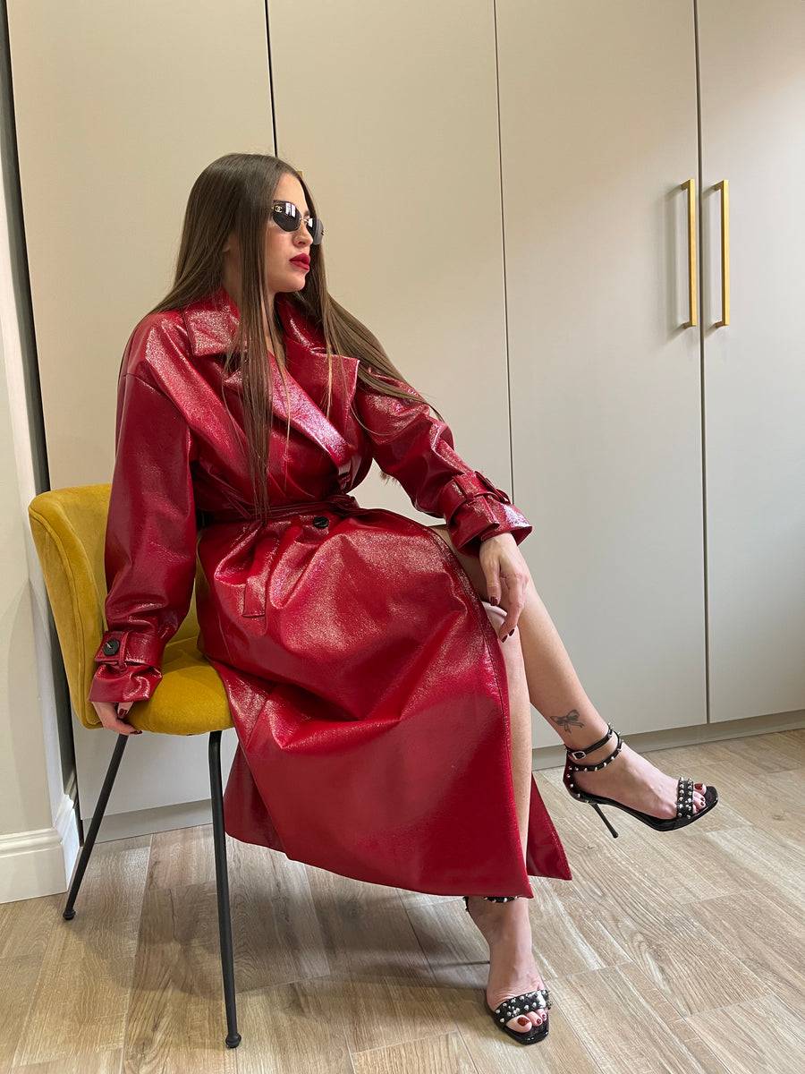 Lovely Sisters Trench in vinile rosso Vendita Economica
