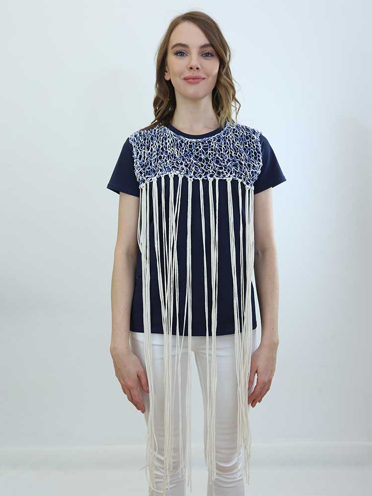 Tricot à Porter T-SHIRT CON APPLICAZIONE A RETE E FRANGE Italy