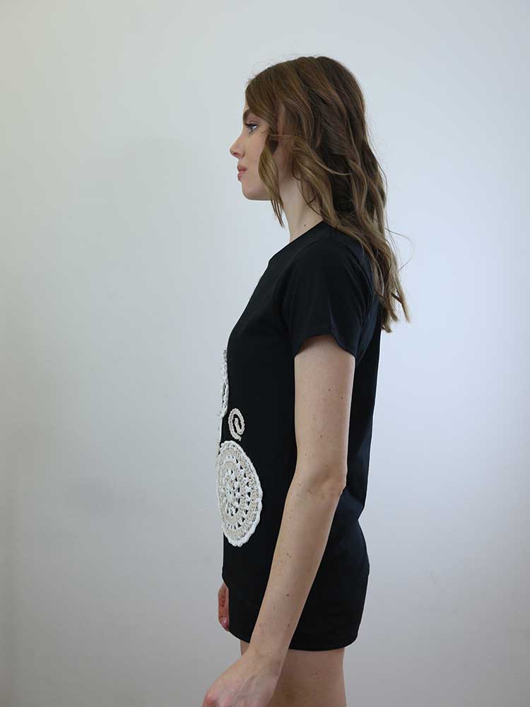 Tricot à Porter T-SHIRT SCOLLO GIRO CON APPLICAZIONI CROCHET Nuovo