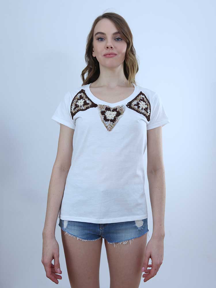 Tricot à Porter T-SHIRT SCOLLO PROFONDO APPLICAZIONI CROCHET Qualità