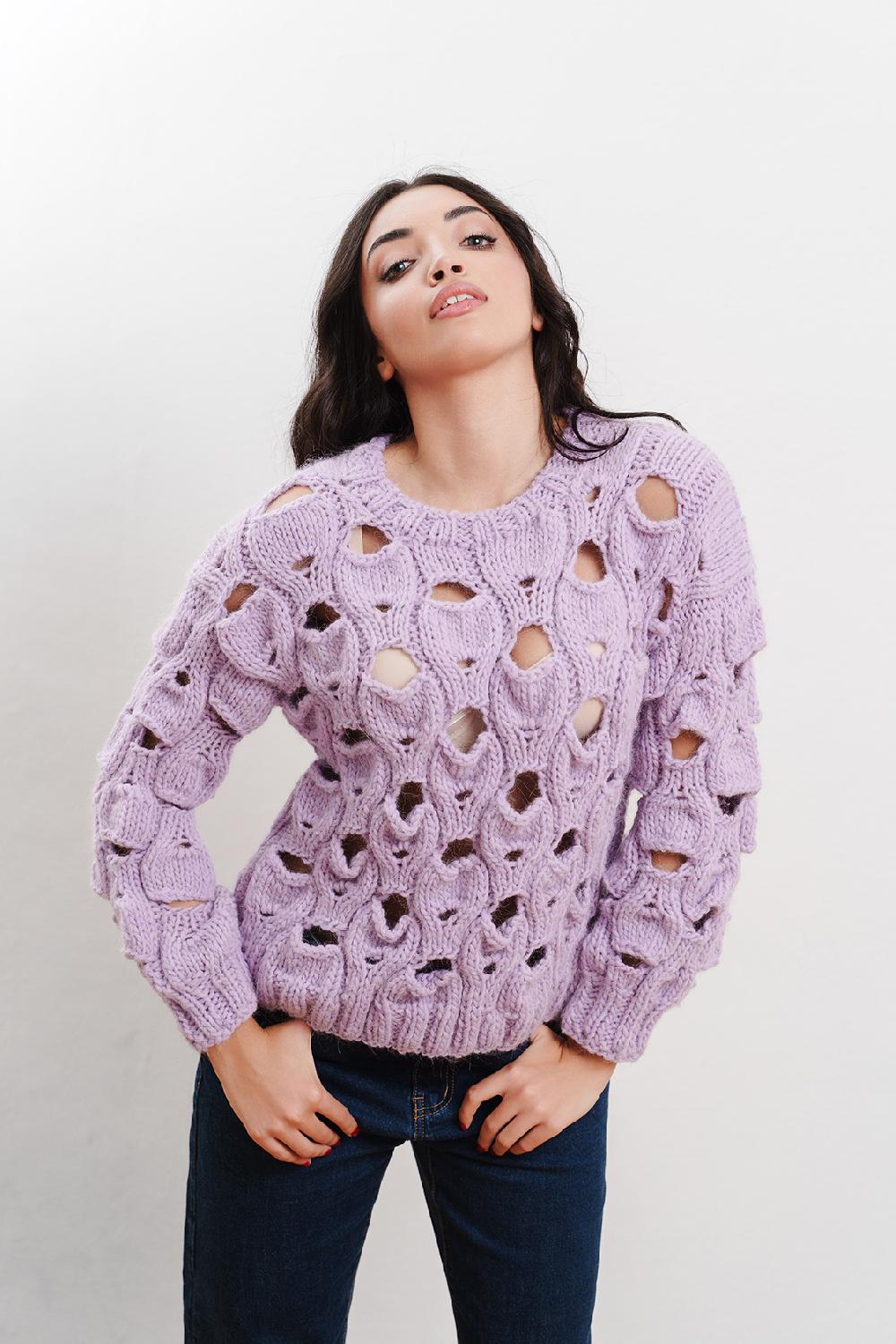 Tricot à Porter Maglia girocollo in lana traforata all over Vendita Calda