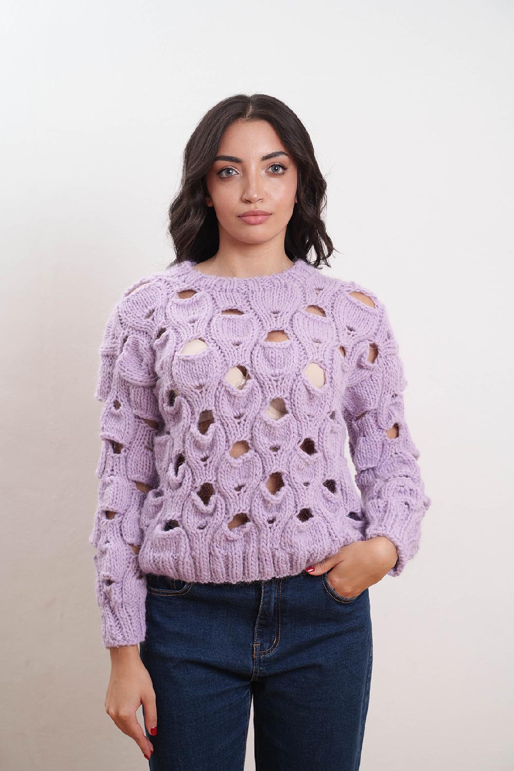 Tricot à Porter Maglia girocollo in lana traforata all over Vendita Calda