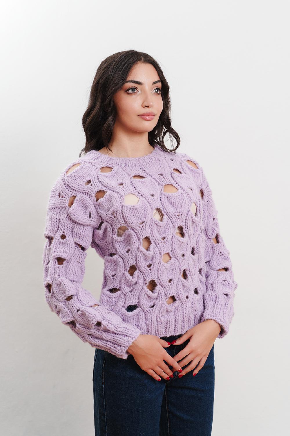 Tricot à Porter Maglia girocollo in lana traforata all over Vendita Calda