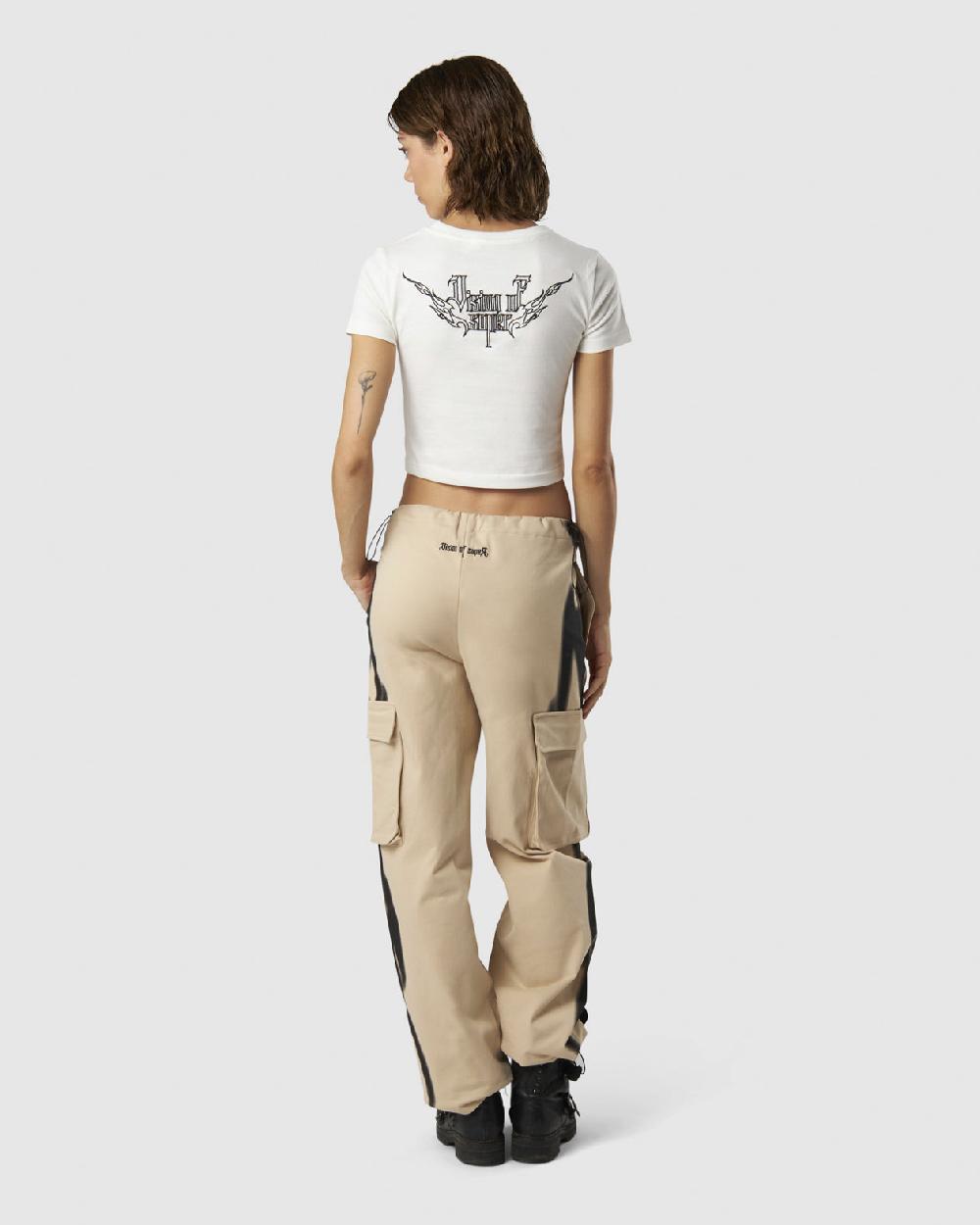 Vision Of Super WHITE CROP T-SHIRT WITH EMBROIDERED TRIBAL LOGO ON FRONT AND EMBROIDERED TRIBAL GRAPHIC ON BACK Presa