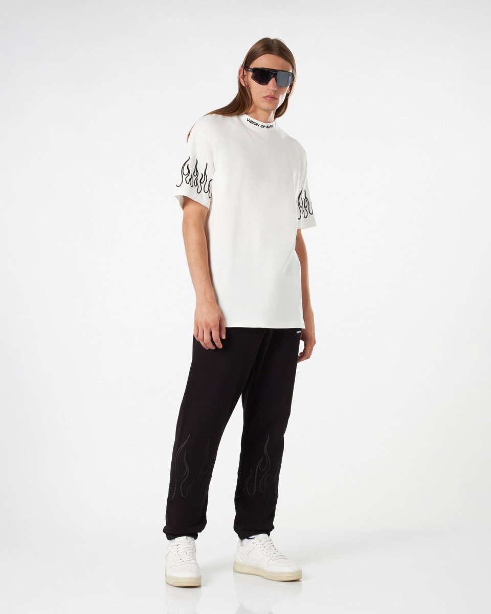 Vision Of Super WHITE T-SHIRT WITH BLACK EMBROIDERED FLAMES Negozio