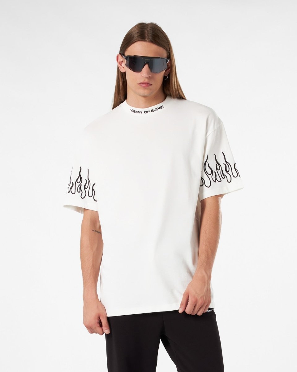 Vision Of Super WHITE T-SHIRT WITH BLACK EMBROIDERED FLAMES Negozio