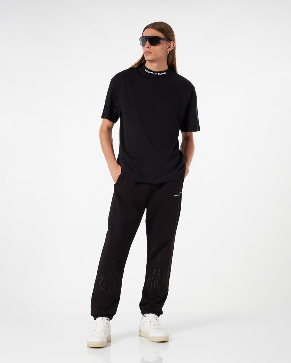 Vision Of Super BLACK T-SHIRT WITH BLACK EMBROIDERED FLAMES In Saldo
