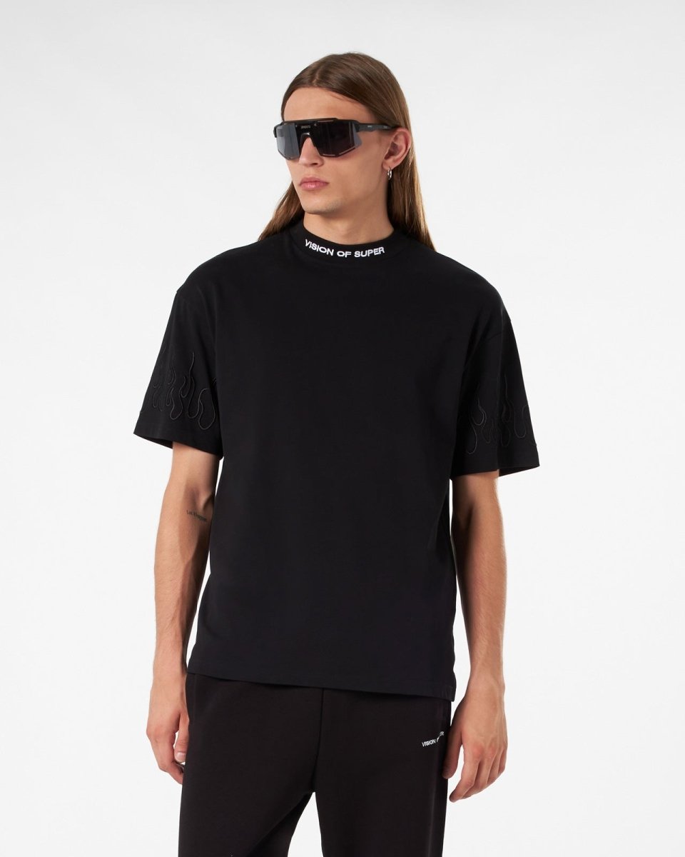 Vision Of Super BLACK T-SHIRT WITH BLACK EMBROIDERED FLAMES In Saldo