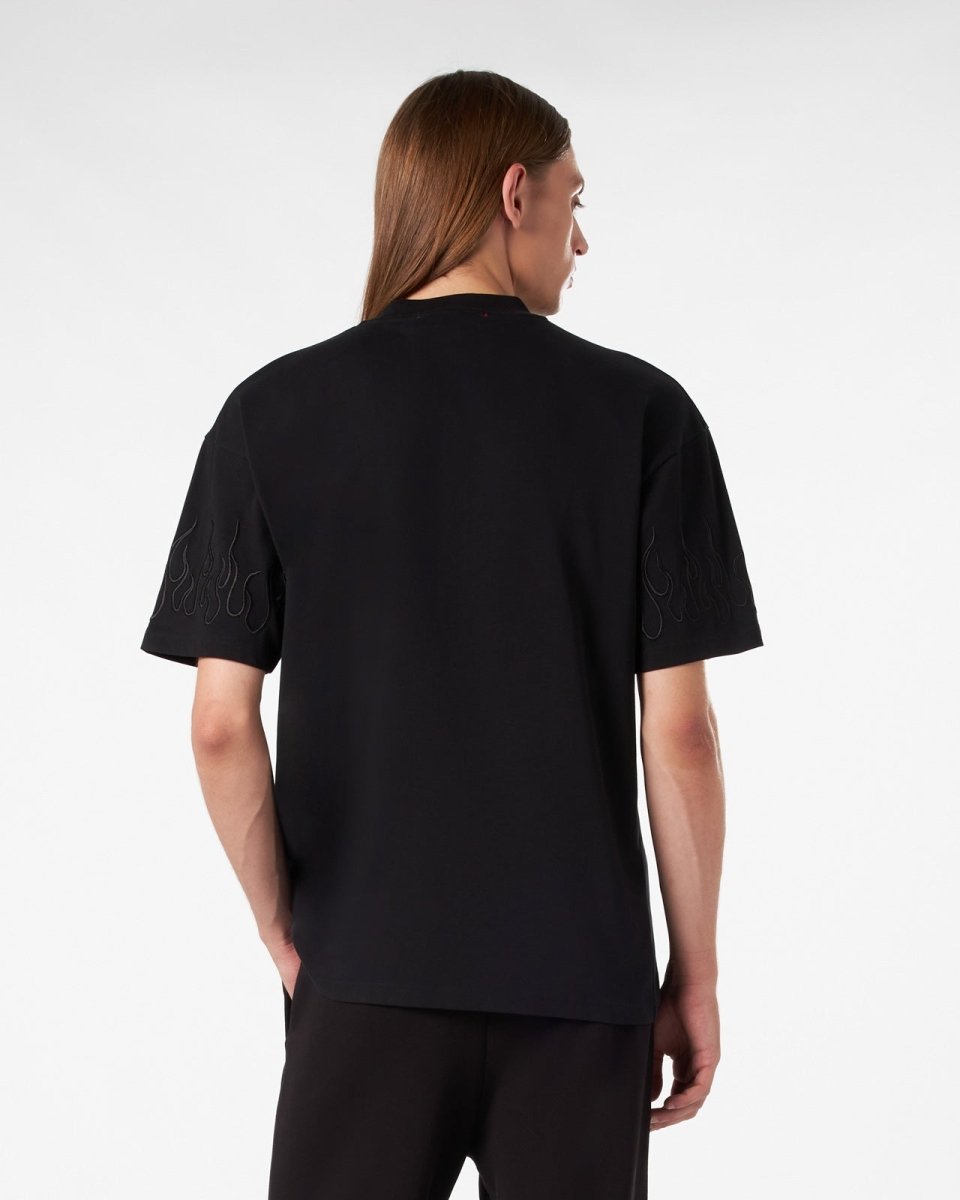 Vision Of Super BLACK T-SHIRT WITH BLACK EMBROIDERED FLAMES In Saldo