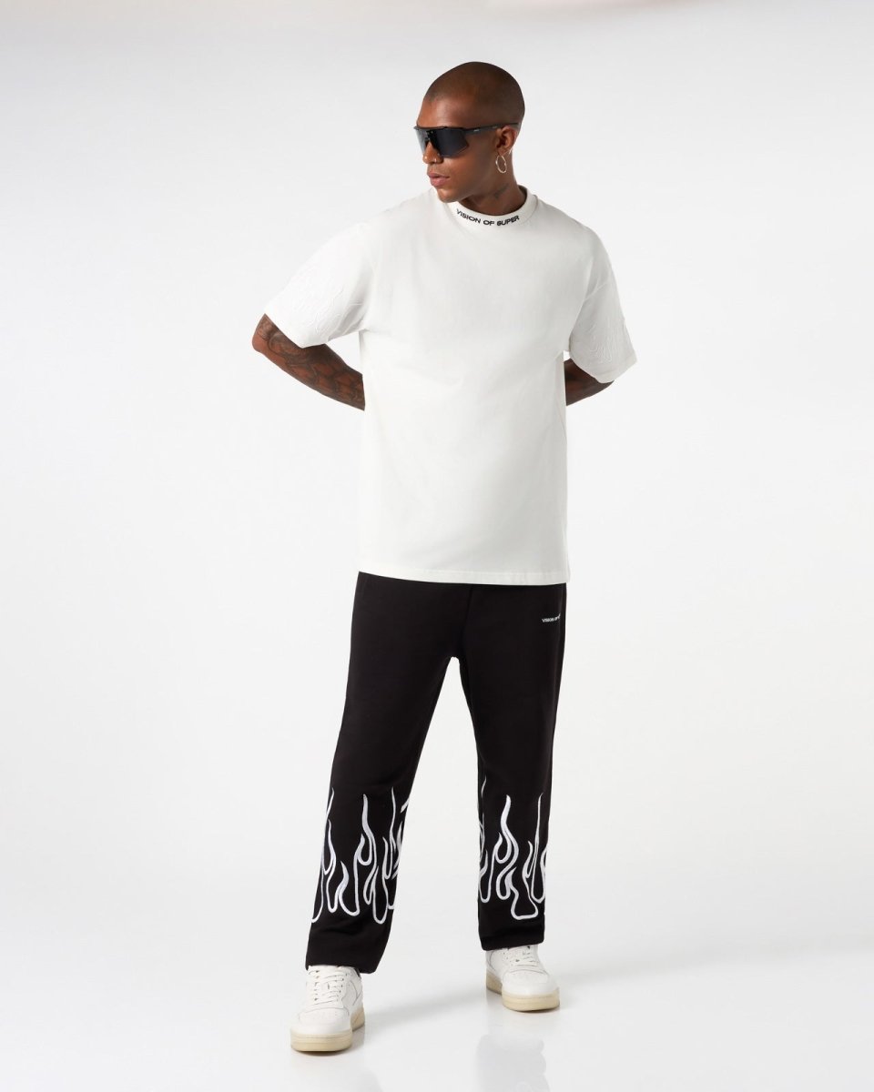 Vision Of Super WHITE T-SHIRT WITH WHITE EMBROIDERED FLAMES Nuova