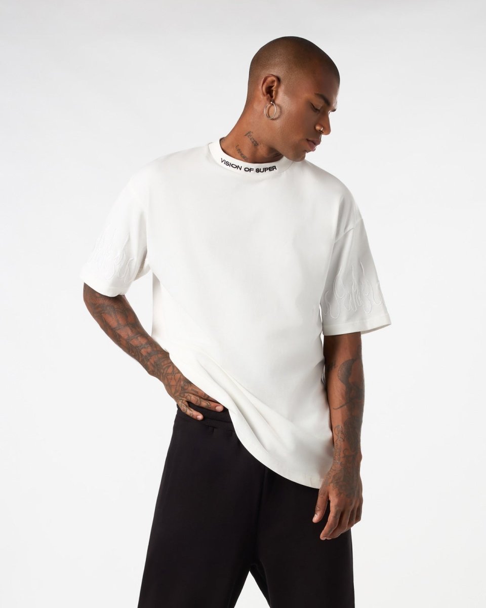 Vision Of Super WHITE T-SHIRT WITH WHITE EMBROIDERED FLAMES Nuova