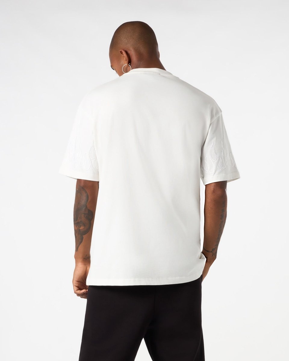 Vision Of Super WHITE T-SHIRT WITH WHITE EMBROIDERED FLAMES Nuova