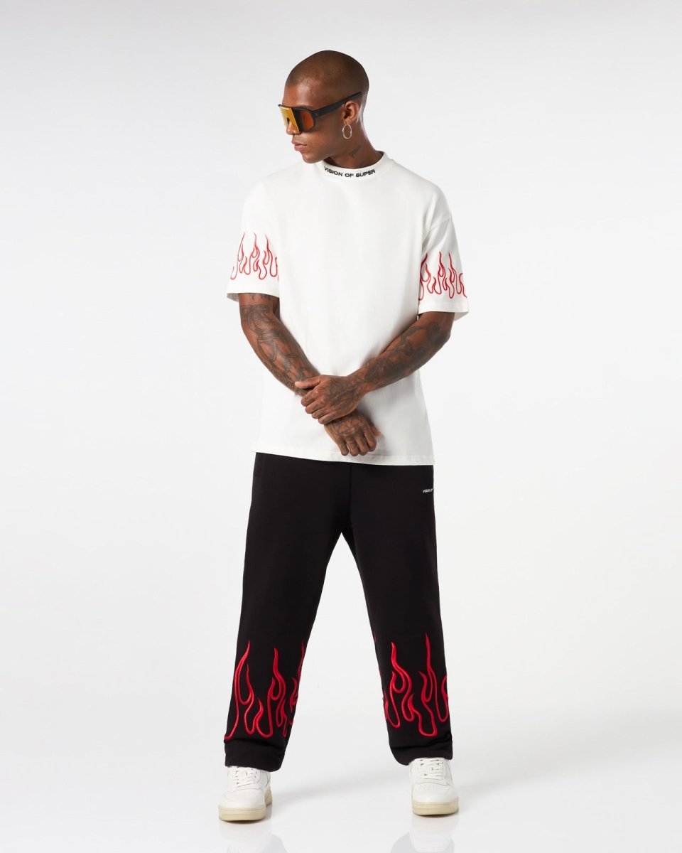 Vision Of Super WHITE T-SHIRT WITH RED EMBROIDERED FLAMES Moda