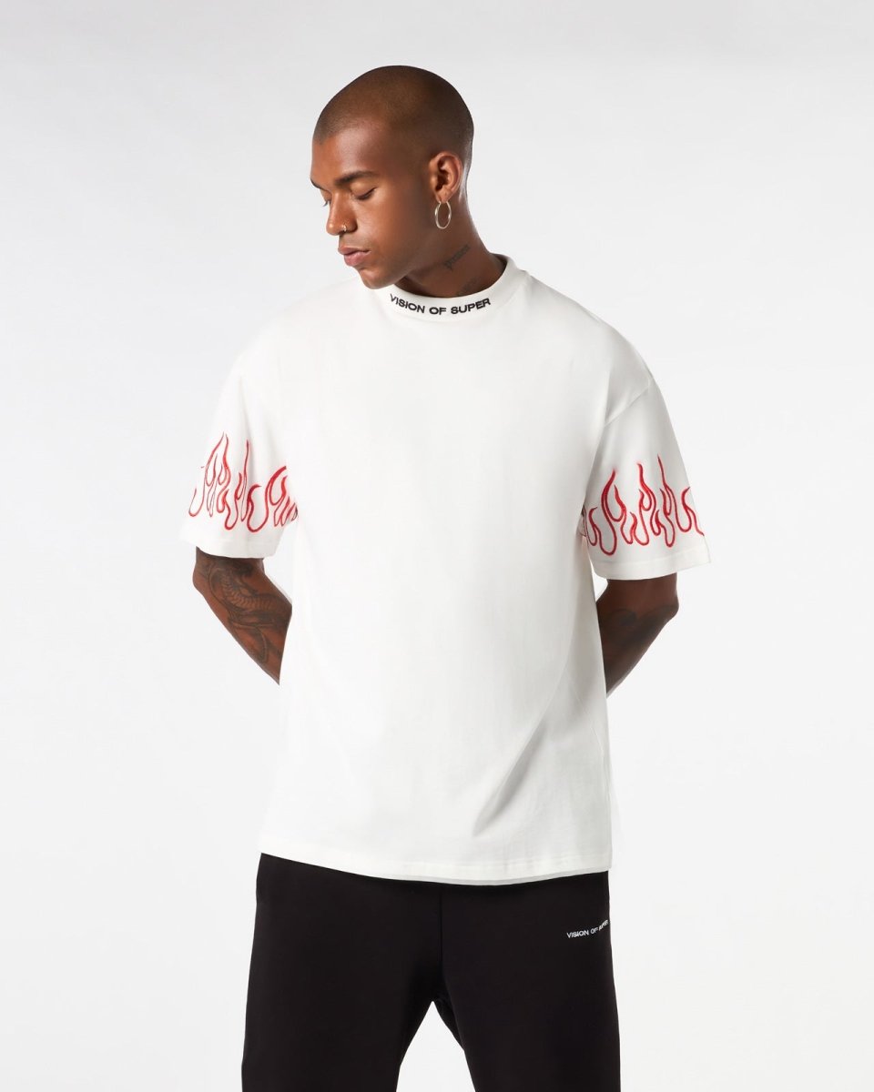 Vision Of Super WHITE T-SHIRT WITH RED EMBROIDERED FLAMES Moda