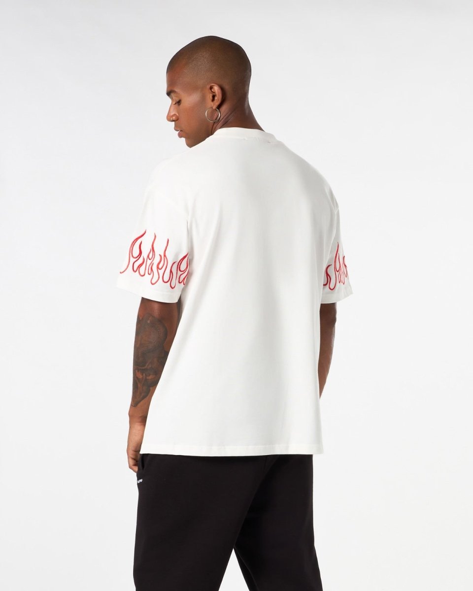 Vision Of Super WHITE T-SHIRT WITH RED EMBROIDERED FLAMES Moda