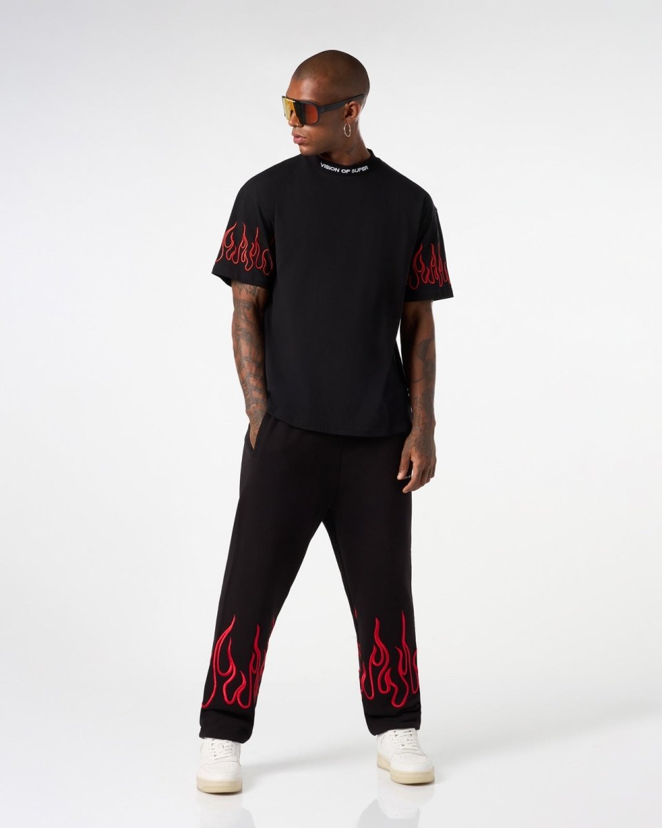 Vision Of Super BLACK T-SHIRT WITH RED EMBROIDERED FLAMES 2025