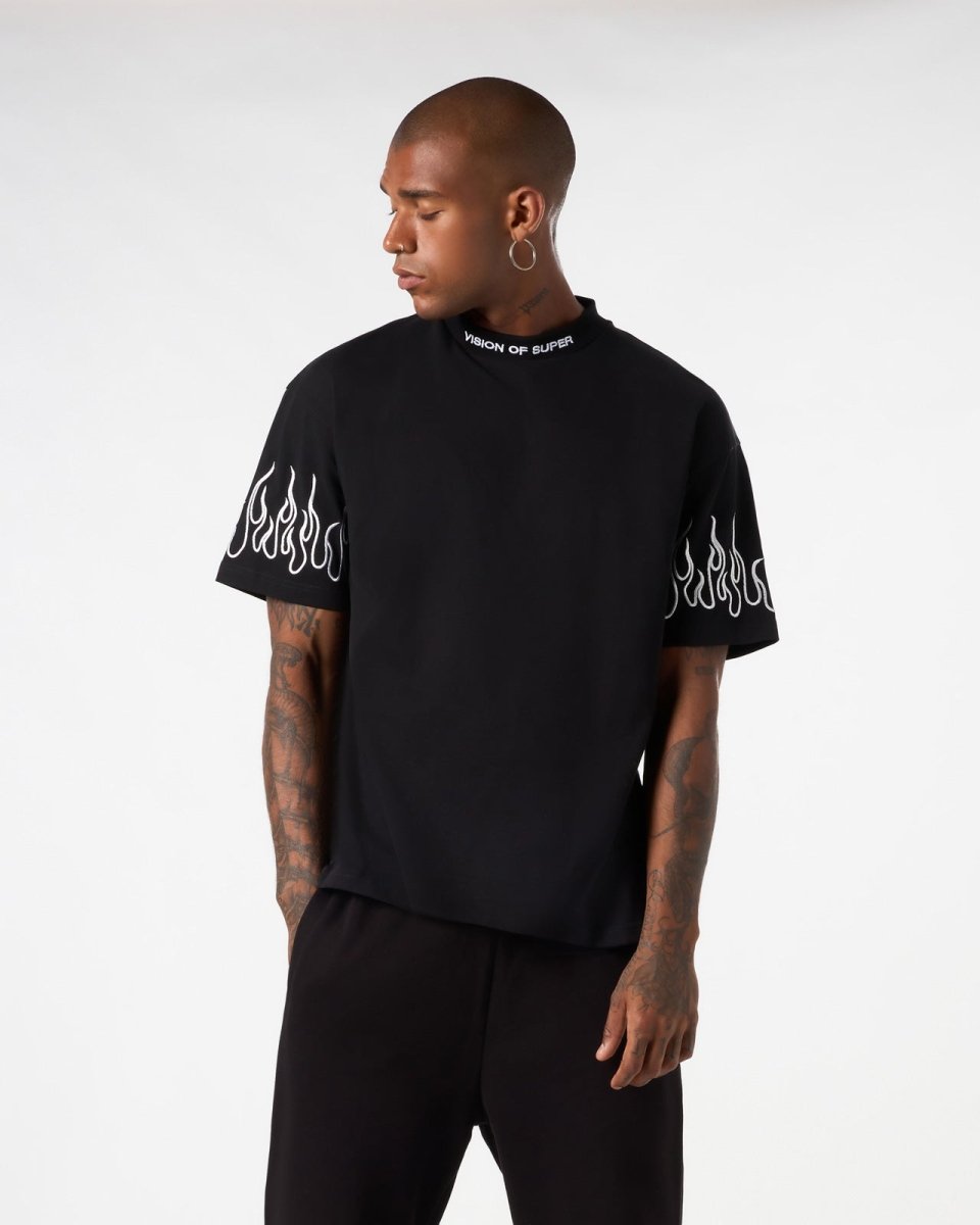 Vision Of Super BLACK T-SHIRT WITH WHITE EMBROIDERED FLAMES Italy