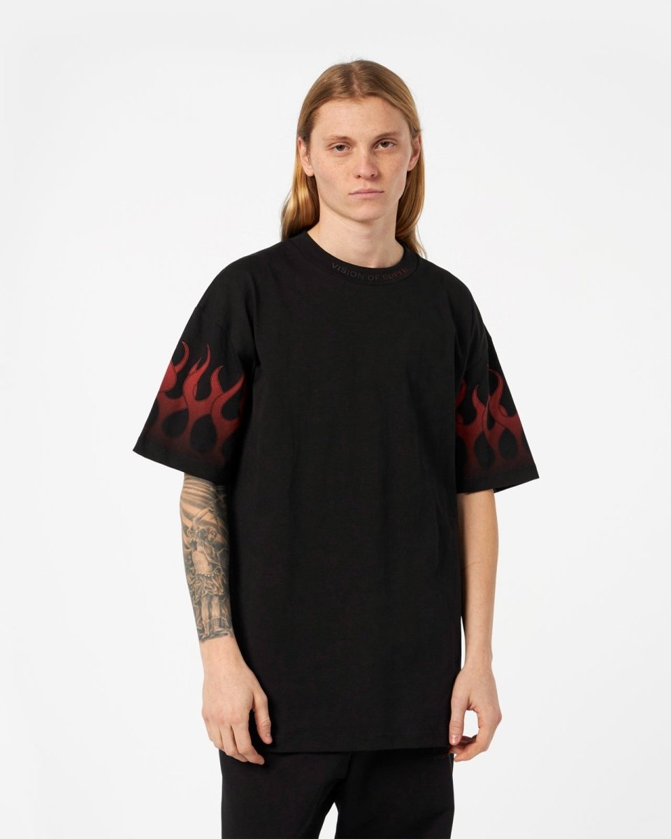 Vision Of Super BLACK T-SHIRT WITH RED FLAMES Italia