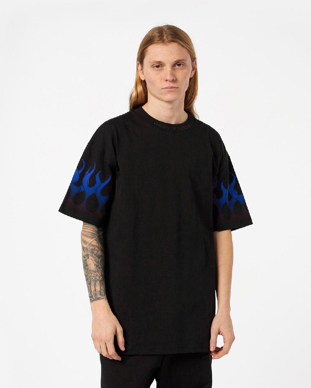 Vision Of Super BLACK T-SHIRT WITH BLUE FLAMES In Linea