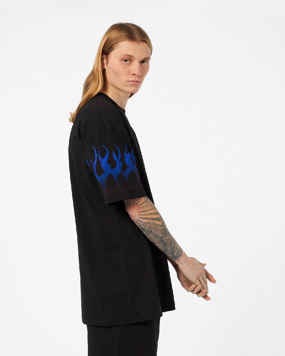 Vision Of Super BLACK T-SHIRT WITH BLUE FLAMES In Linea