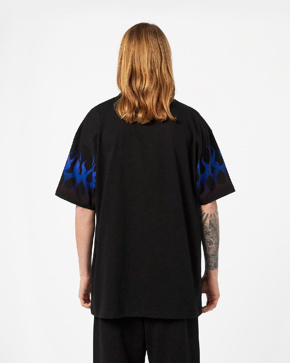 Vision Of Super BLACK T-SHIRT WITH BLUE FLAMES In Linea