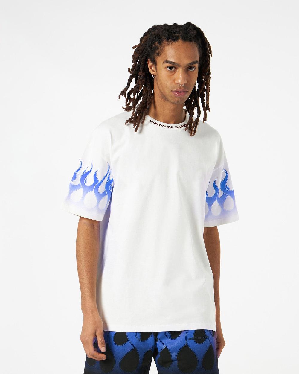 Vision Of Super WHITE T-SHIRT WITH BLUE FLAMES Nuovo