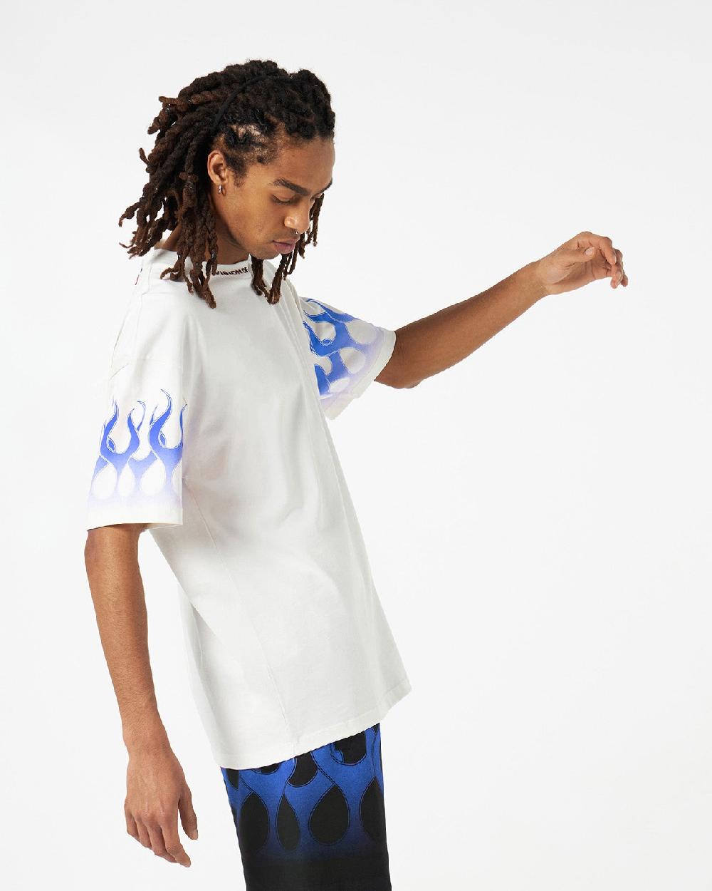 Vision Of Super WHITE T-SHIRT WITH BLUE FLAMES Nuovo