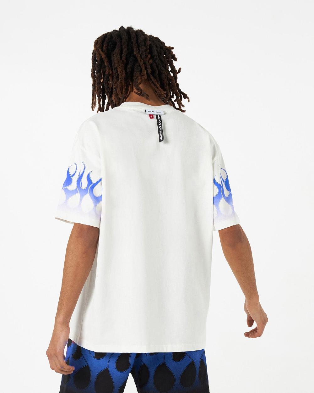 Vision Of Super WHITE T-SHIRT WITH BLUE FLAMES Nuovo