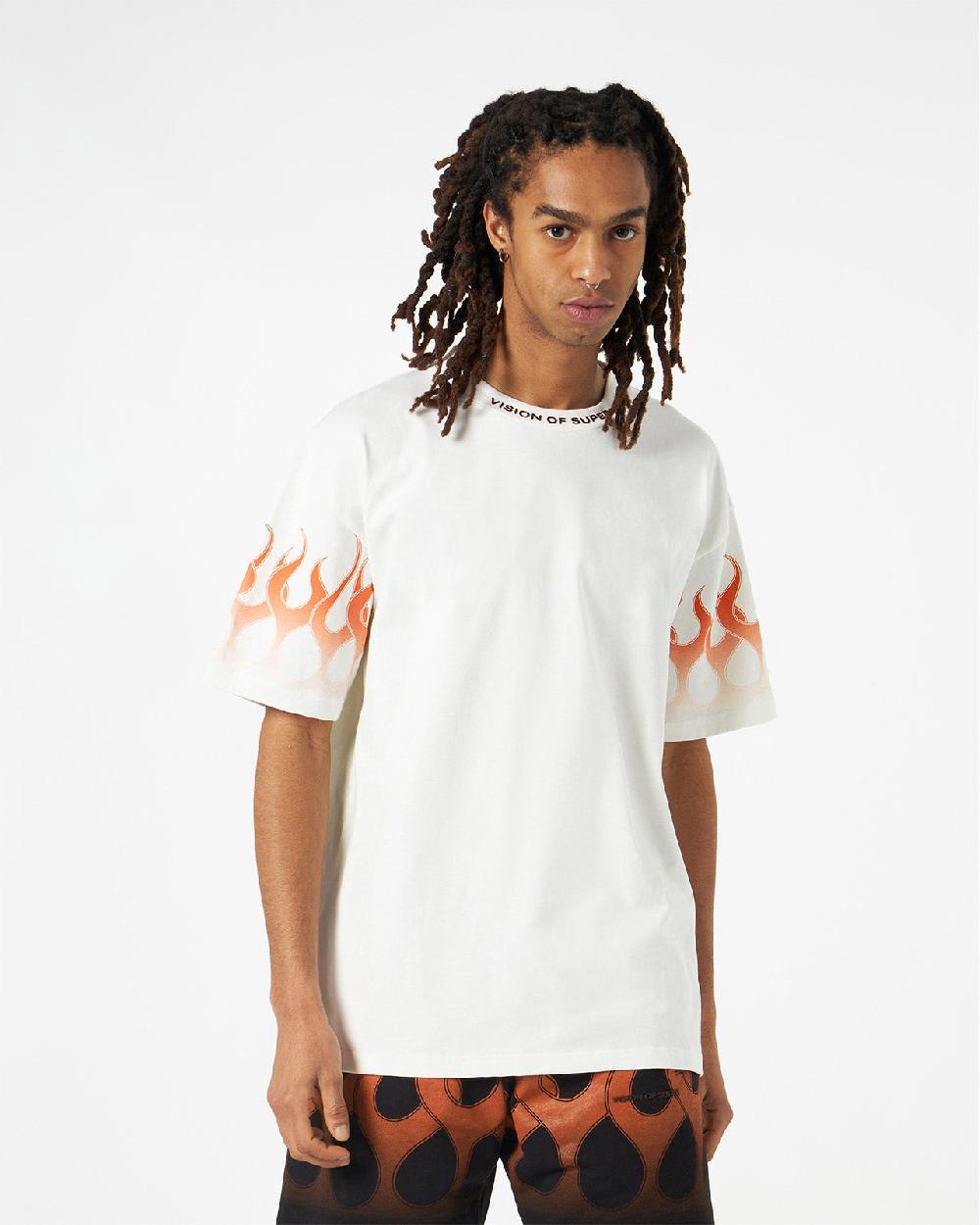 Vision Of Super WHITE T-SHIRT WITH ORANGE FLAMES Qualità